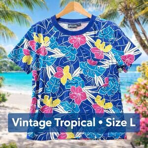 Jaclyn Sport Tropical Floral Shirt Womens Large Pocket Blue USA Vintage